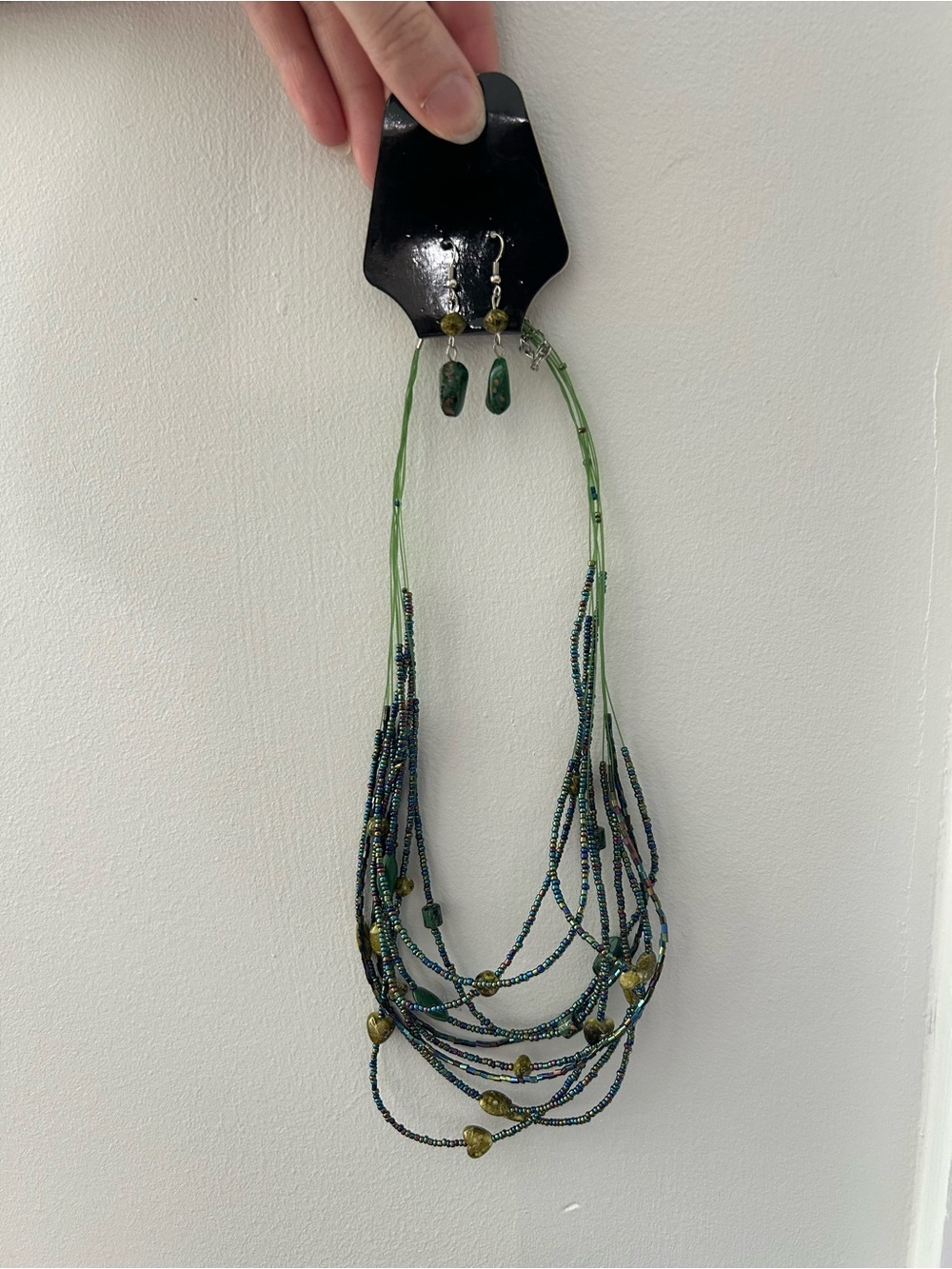 Layered Green Beaded Multi-Strand Necklace with Matching Earrings NWT